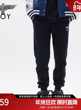 BOYLONDON春季长裤男女同款黑色印花束脚透气运动休闲裤N15903