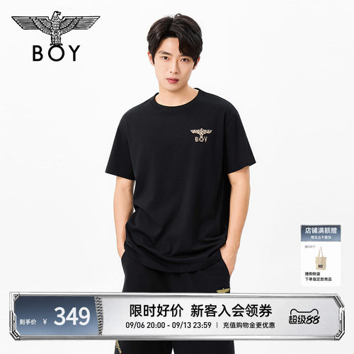 BOYLONDON黑色简约老鹰烫钻纯棉短袖夏季男女T恤N01060
