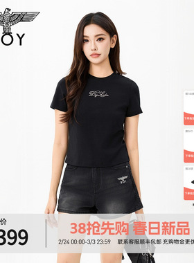 BOYLONDON美式修身短款精致小圆领短袖2026年春夏新款女T恤W01152
