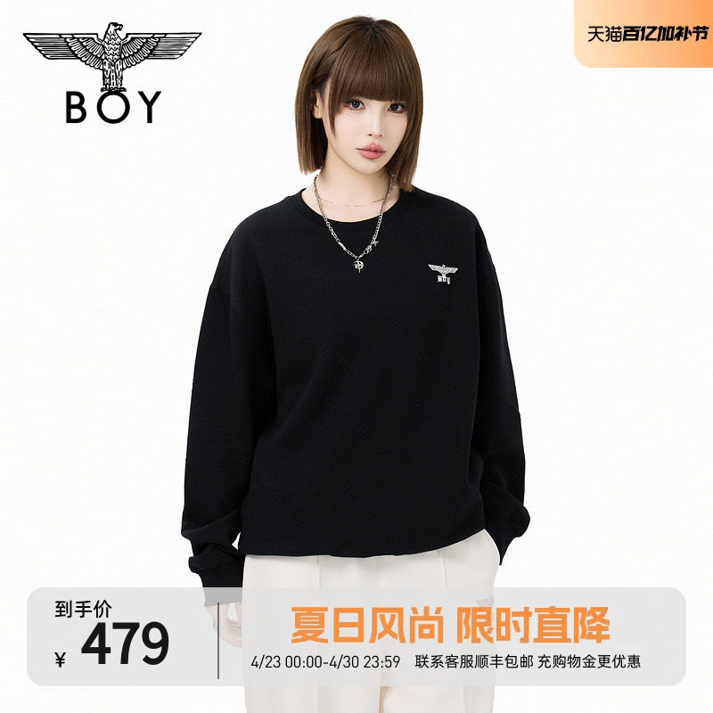 【隐序暗纹】BOYLONDON街头潮牌提花情侣款圆领套头卫衣N03065