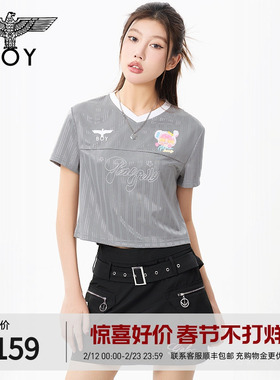 BOYLONDON复古潮流小V领潮趣涂鸦印花春夏短款T恤女款短袖W01264