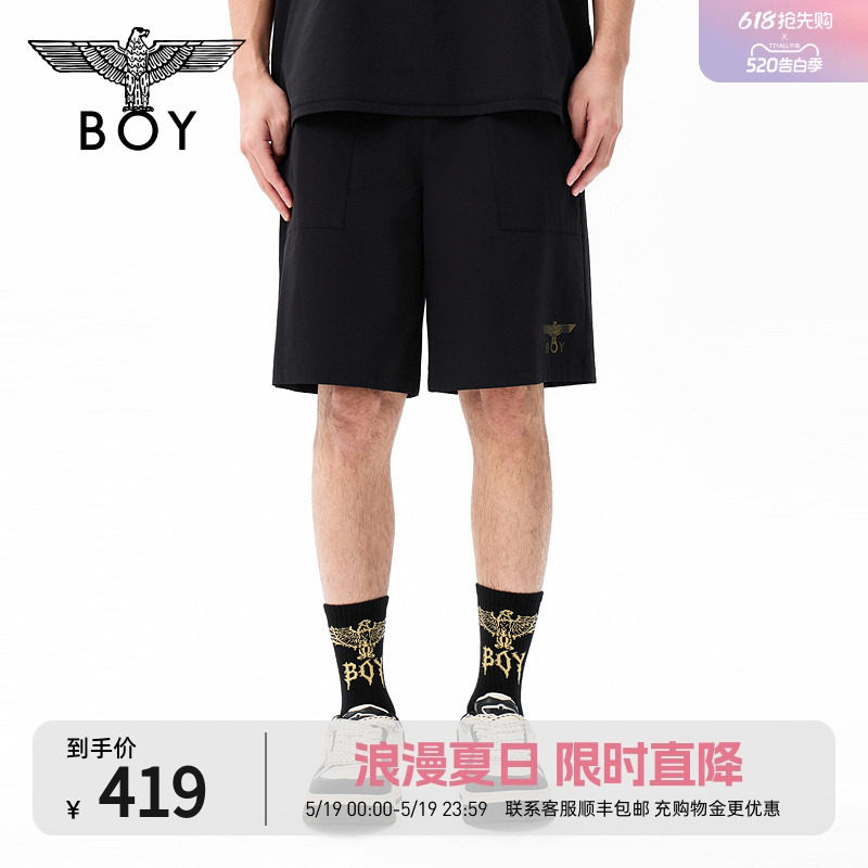 BOYLONDON26年夏季潮酷黑色梭织男女短裤弹力抽绳运动裤N