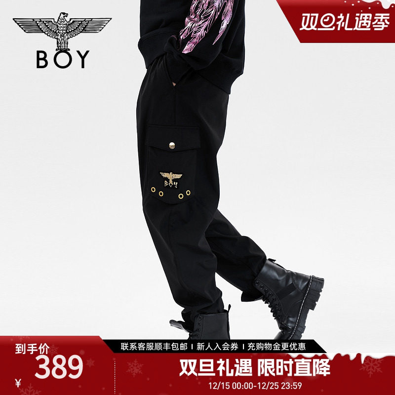 BOYLONDON春季男女同款长裤烫金印花黑色潮牌设计感哈伦裤N