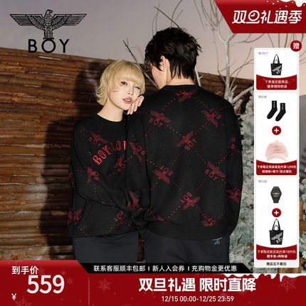 BOYLONDON春季提花潮牌毛衣黑色男女款圆领套头毛衫针织衫N60908