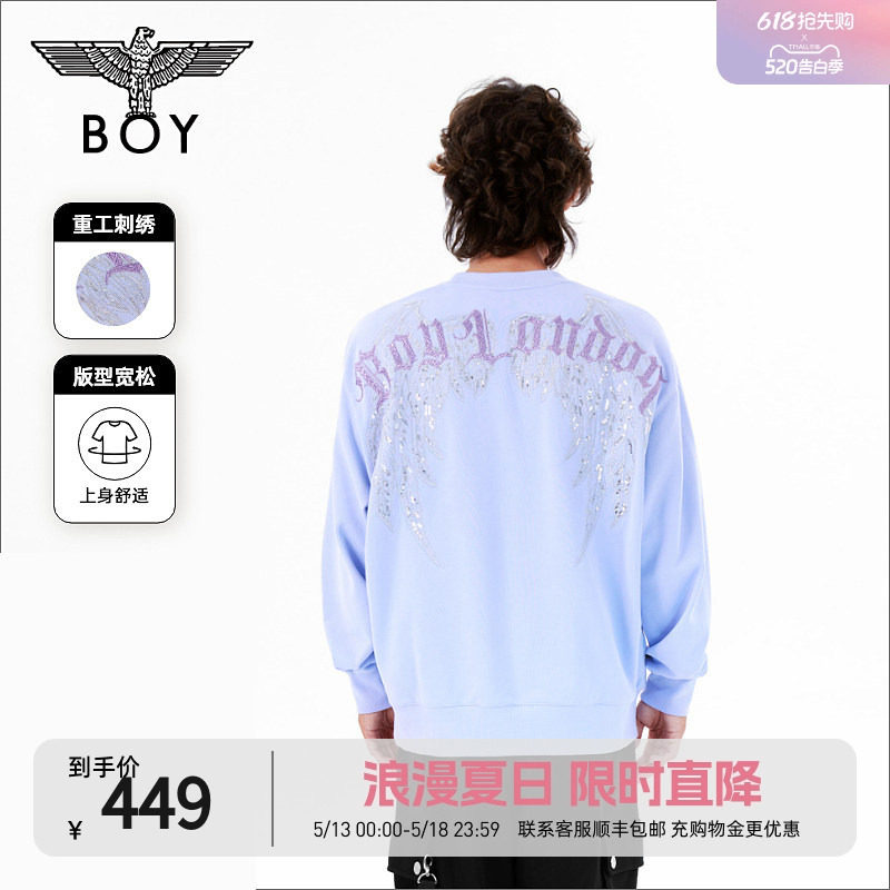【紫秀灵羽】BOYLONDON春季男女同款潮牌刺绣印花圆领卫衣N