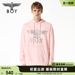 BOYLONDON秋季 男女同款 烫钻logo前插口袋粉色休闲套头卫衣N04005