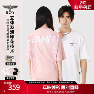 短袖 BOYLONDON潮牌情侣款 樱花翅膀花卉印花T恤N01712 繁花