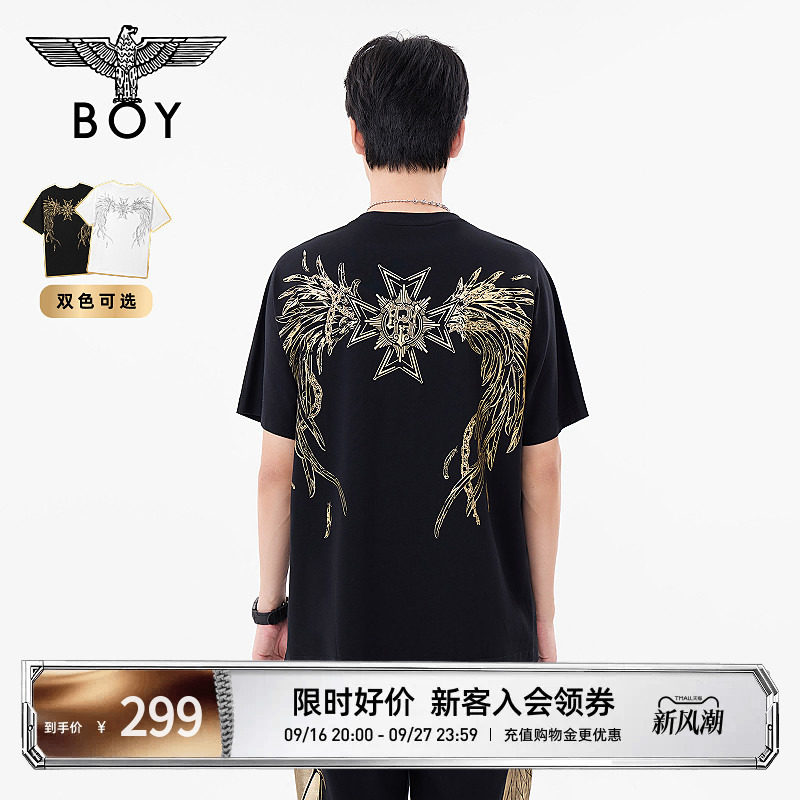 BOYLONDON情侣款短袖金色翅膀印花朋克潮牌圆领T恤N01117										