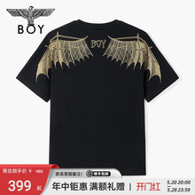 潮牌短袖 BOYLONDON24夏季 春夏烫金翅膀黑色休闲T恤N01908 男女同款