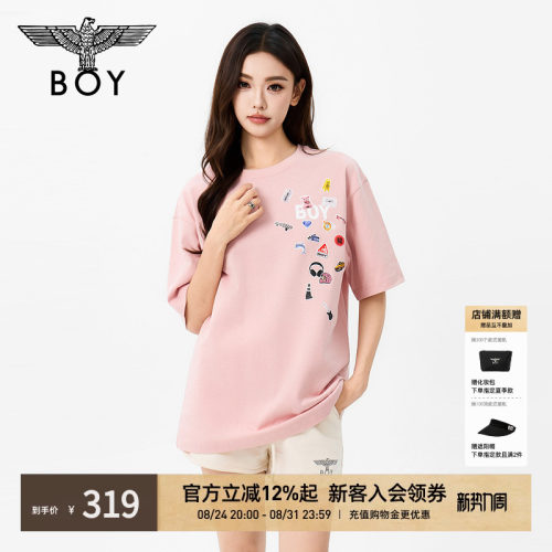 BOYLONDON2026夏季新款活力樱花粉纯棉短袖男女款休闲T恤N01189