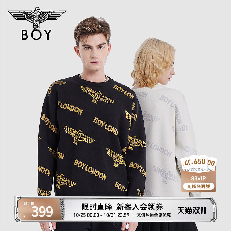 BOYLONDON秋季情侣款银丝线满印提花套头毛衣女毛衫针织衫N60901