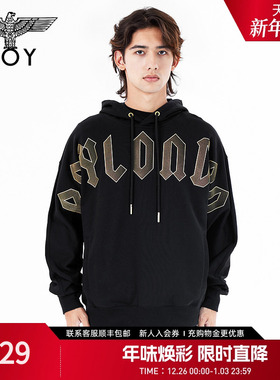 BOYLONDON春季情侣款长袖复活节主题植绒烫金黑色连帽卫衣N04011