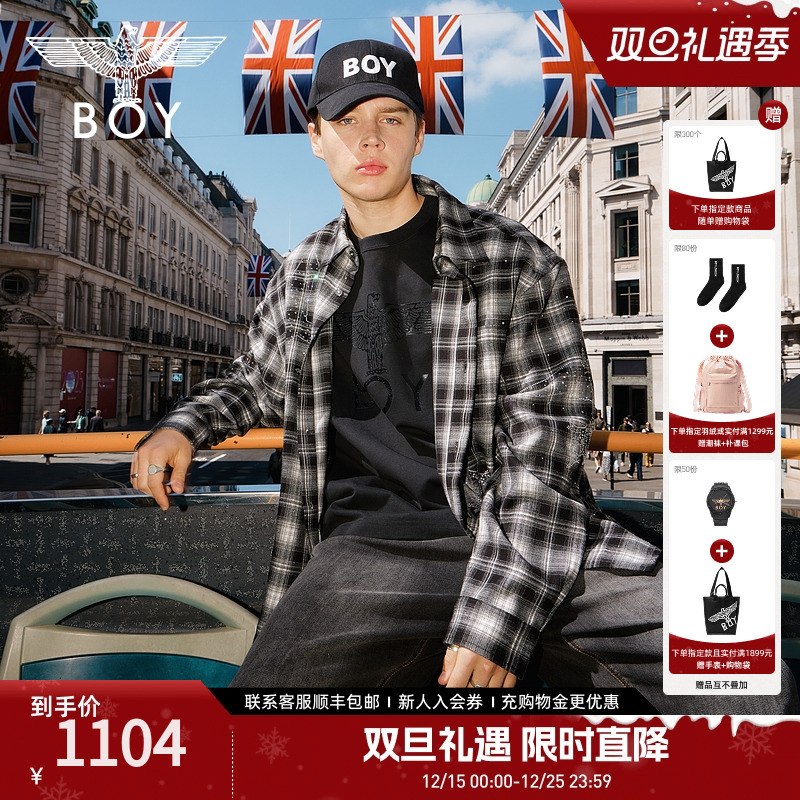 BOYLONDON2025秋季新款格子烫钻潮牌休闲情侣款长袖衬衫N21038