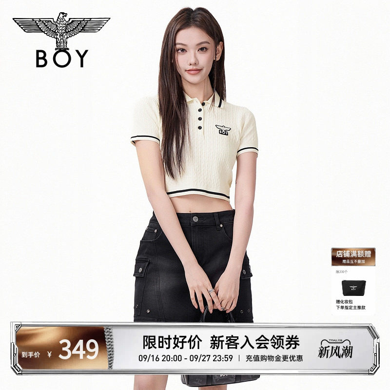 BOYLONDON复古时尚修身短款POLO衫高街潮牌女款针织短袖T恤W01079										