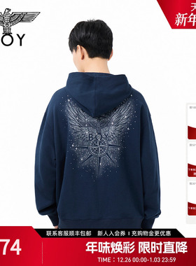 BOYLONDON宽松连帽针织潮牌宽松烫钻男女同款春秋套头卫衣N04026