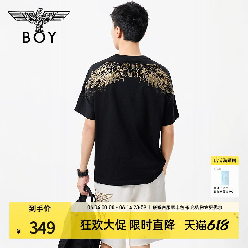 BOYLONDON时尚简约烫金翅膀潮牌休闲短袖夏季男女同款T恤N01255