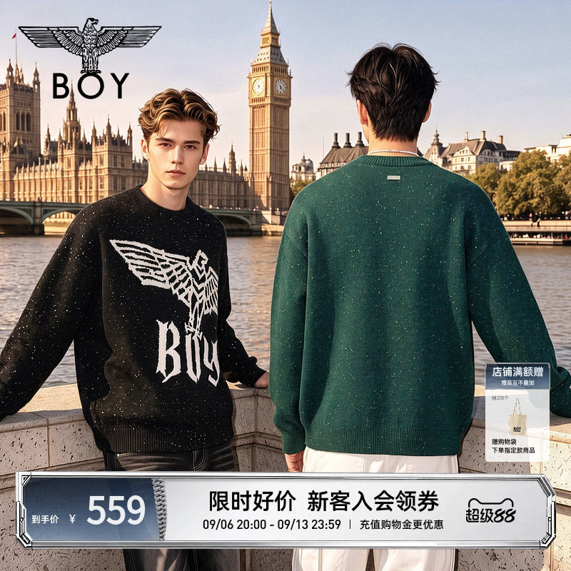 BOYLONDON秋冬潮牌时尚提花星空保暖情侣毛衣圆领针织衫N60017