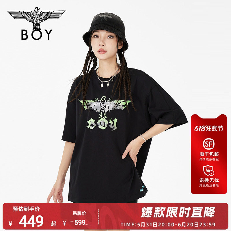 BOYLONDON 潮牌短袖男女同款夏季老鹰印花圆领休闲T恤N01022
