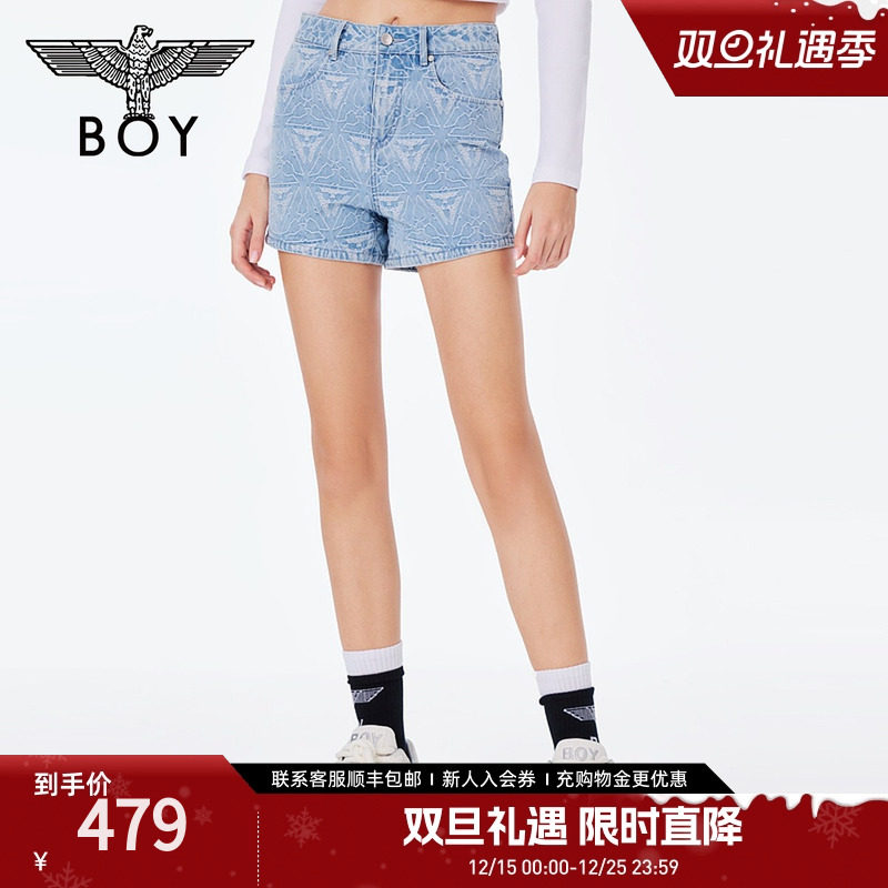 BOYLONDON夏季牛仔短裤三鹰标立体提花设计休闲裤W5300