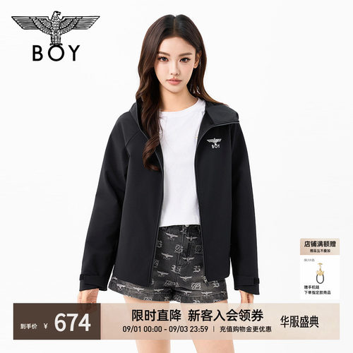 BOYLONDON黑色简约时尚修身百搭夹克26秋季女拉链连帽外套W23043