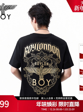 BOYLONDON烫金黑色休闲时尚街头潮牌短袖夏季男女同款T恤N01059