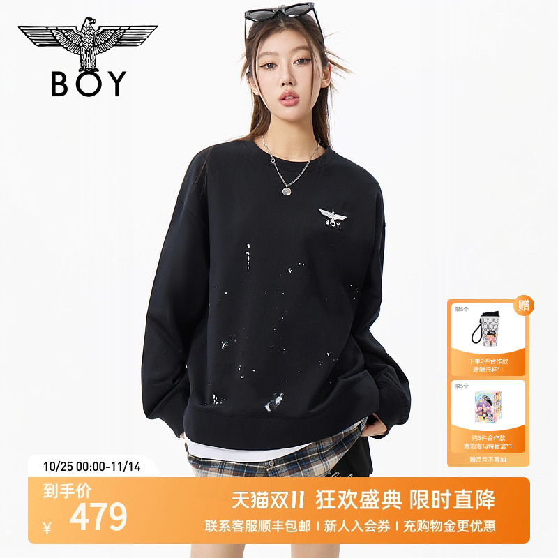 BOYLONDON25秋季印花潮牌时尚百搭假两件童趣圆领卫衣N03027