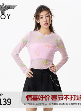 BOYLONDON涩谷辣妹风罩衫夏季薄款弹力涂鸦皮肤衣长袖T恤W00016