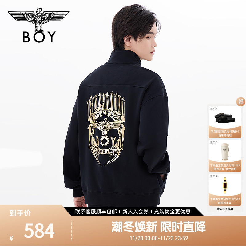 BOYLONDON秋季男女同款上衣烫金潮牌半拉链套头长袖卫衣N03902