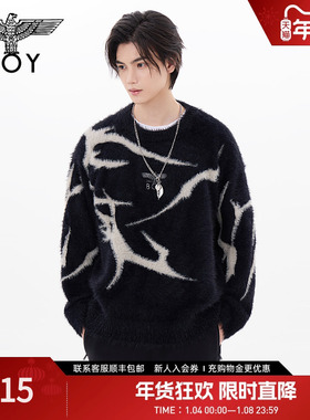 BOYLONDON冬情侣款荆棘撞色仿貂毛宽松保暖套头毛衣N60027