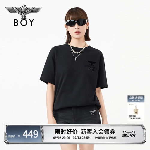 BOYLONDON夏季简约黑色仿银烫钻男女T恤26年新款潮酷短袖N01111