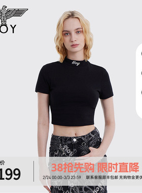 BOYLONDON夏季女士修身短款领口字母刺绣小高领T恤W01001