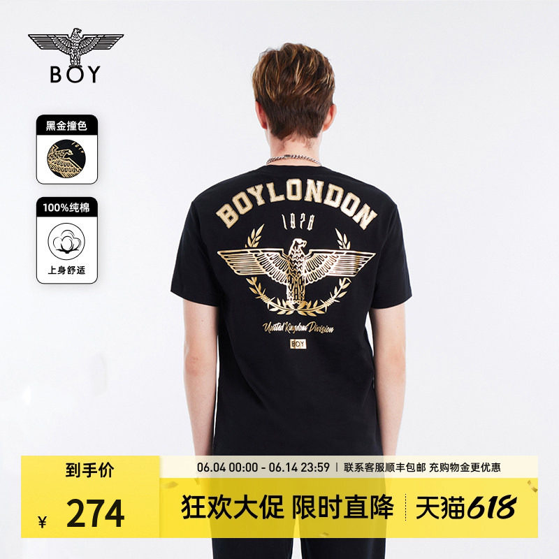 【荣耀使者】BOYLONDON短袖男女夏季烫金麦穗老鹰黑色T恤N01906
