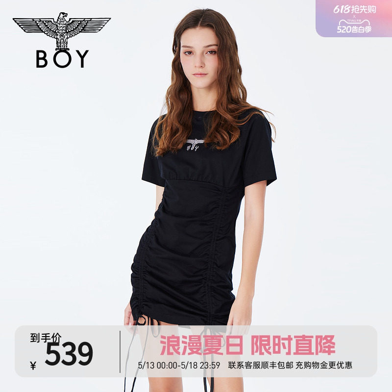 BOYLONDON夏女黑色连衣裙烫钻抽绳设计时尚修身A字裙W17