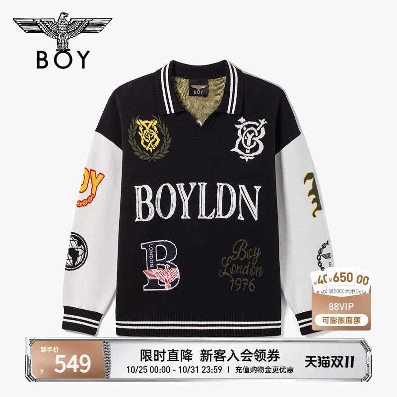 BOYLONDON美式潮流翻领棒球运动毛衣POLO领男女针织套头衫N60910
