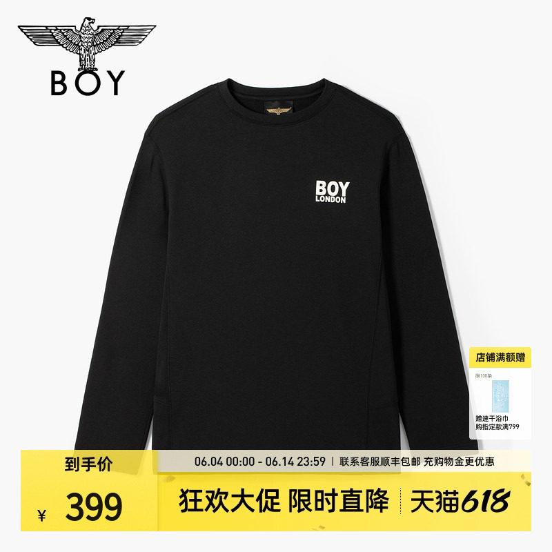 BOYLONDON简约潮牌圆领LOGO印花黑色百搭长袖春季男女款T恤N00028