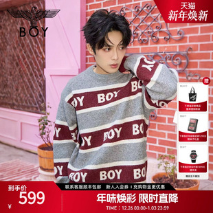 BOYLONDON2025新款 春圆领情侣混纺条纹撞色套头针织毛衣N60012