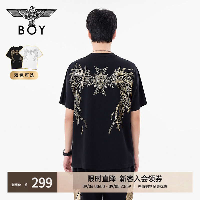 BOYLONDON情侣款短袖金色翅膀印花朋克潮牌圆领T恤N01117图片