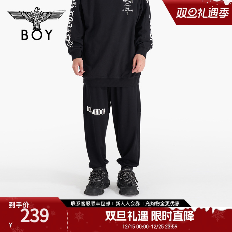 BOYLONDON潮牌长裤男女同款老鹰宽松黑色百搭休闲束脚裤N15004