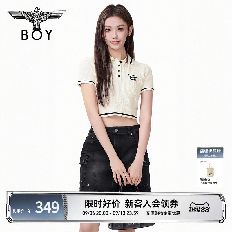 BOYLONDON复古时尚修身短款POLO衫高街潮牌女款针织短袖T恤W01079图片