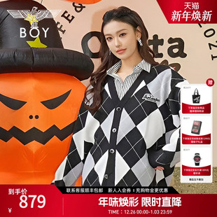 BOYLONDON2025年春新款 外套N64010 情侣毛衣菱格撞色绣花针织开衫