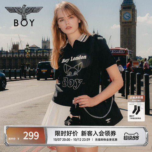 BOYLONDON甜酷小猫印花POLO衫时尚翻领潮牌短袖夏季女款T恤W01294