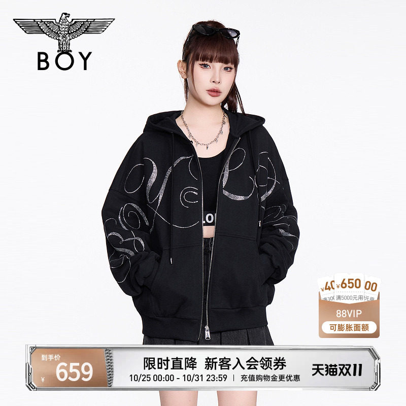 BOYLONDON秋季情侣款潮牌朋克风前卫烫钻连帽卫衣外套开衫N06021