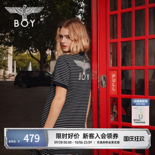 【旧影流年】BOYLONDON26夏黑白条纹polo领珍珠扣女连衣裙W17004