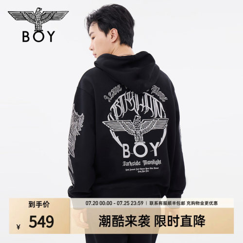 BOYLONDON秋季男女同款上衣潮牌刺绣黑色宽松连帽套头卫衣N04040