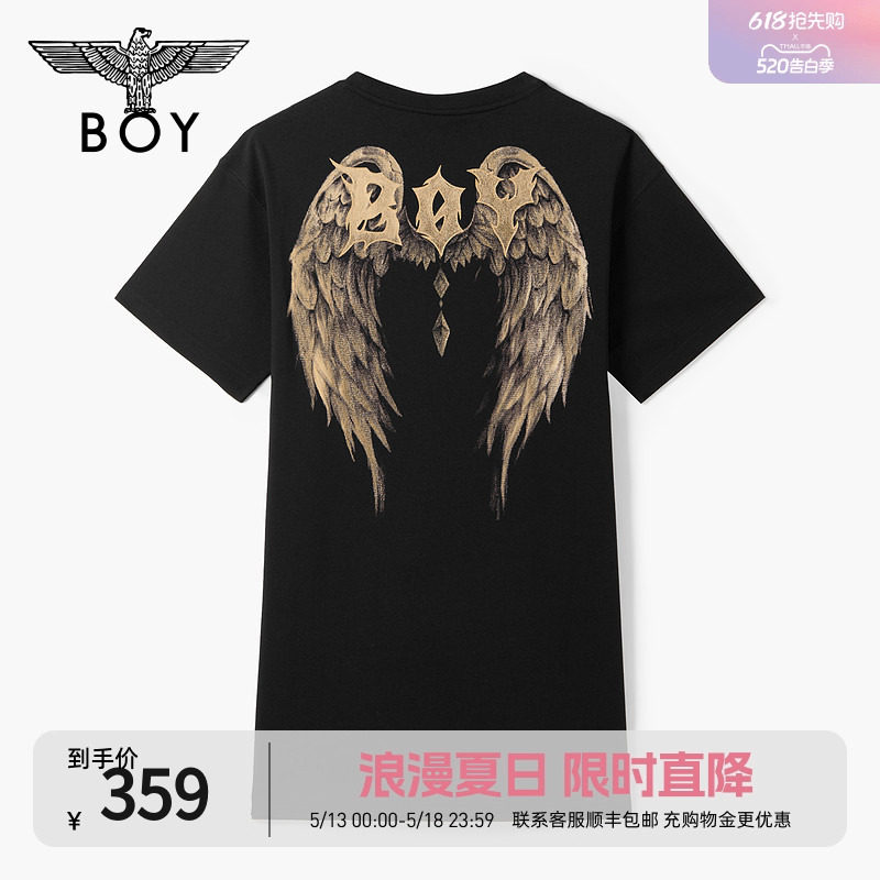 BOYLONDON时尚烫金天使翅膀印花休闲宽松连衣裙夏季女T恤裙