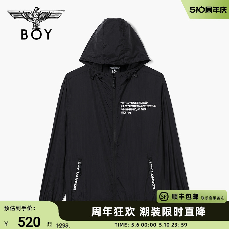 BOYLONDON潮牌梭织夹克男女同款字母印花时尚黑色连帽长袖NN1044