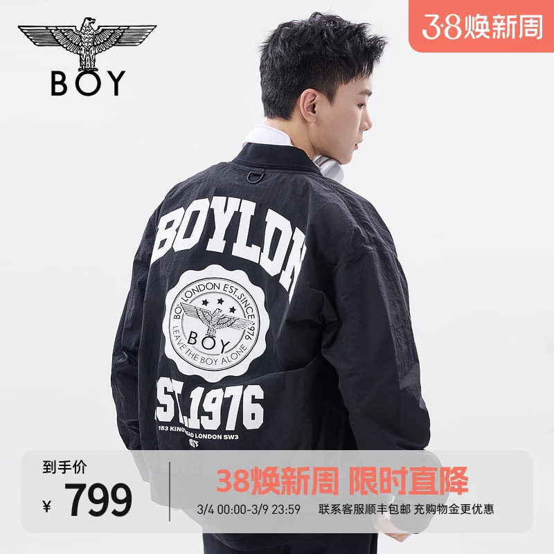 BOYLONDON春男女同款夹克学院风印花黑色潮牌棒球领外套N23004
