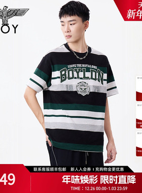 BOYLONDON美式学院风条纹时尚潮牌圆领短袖春夏男女同款T恤N01137