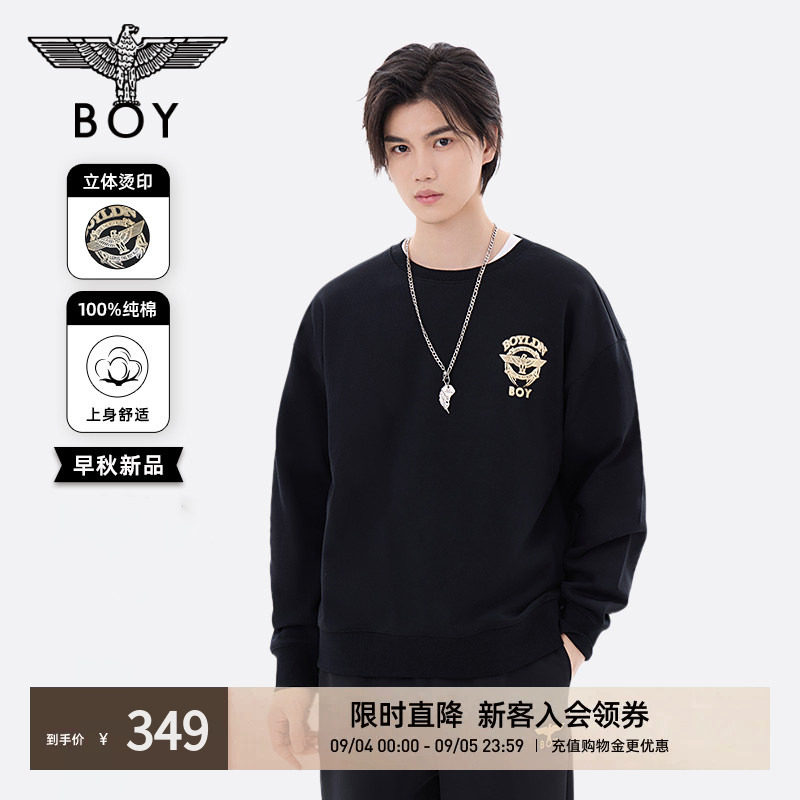 【正义勋章】BOYLONDON秋季男女同款烫金潮牌黑色圆领卫衣N03901