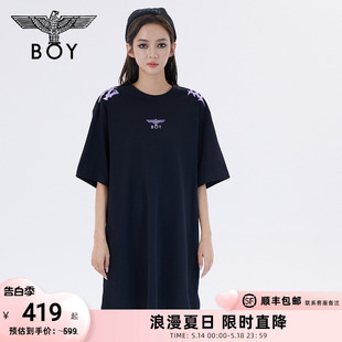 BOYLONDON夏女士立体钩边不规则翅膀印花直筒休闲T恤连衣裙W17001